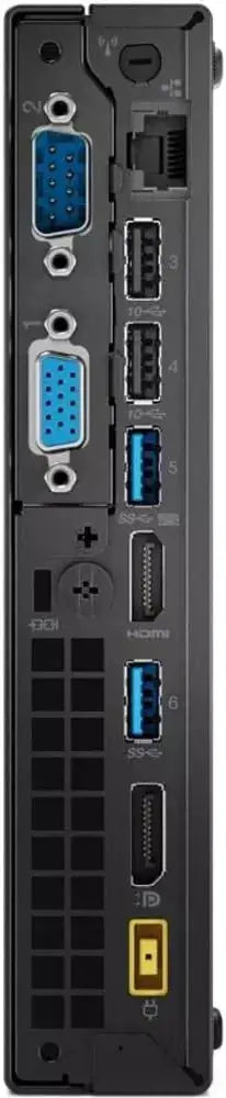 Vista verticale del pannello posteriore del Mini PC Lenovo M920q con porte multiple. Perfetto per configurazioni multitasking.