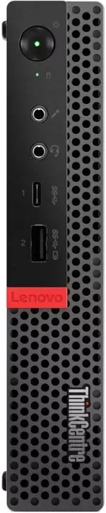 Dettaglio verticale frontale del Mini PC Lenovo M920q con pulsante di accensione e porte USB. Design moderno e funzionale.