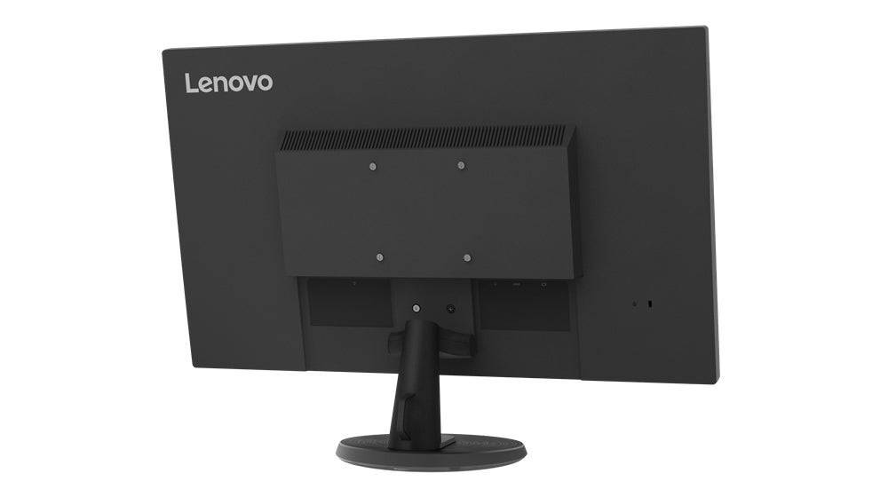 Monitor Lenovo 27'' FullHD visto da dietro con supporto centrale. Ottimo per ambienti di lavoro moderni.