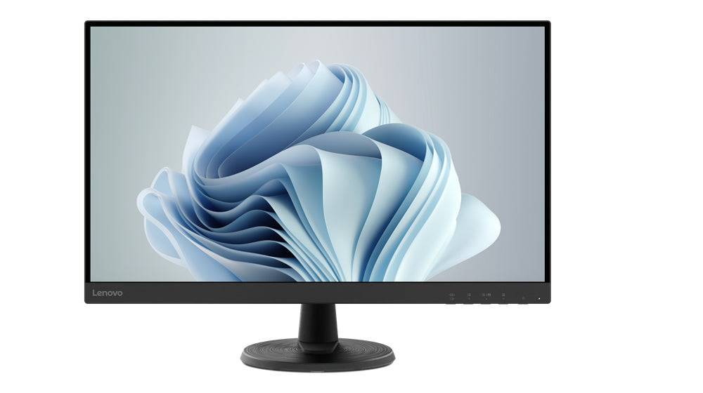 Vista frontale del monitor Lenovo 27'' FullHD con display acceso. Immagini nitide per un’esperienza visiva professionale.