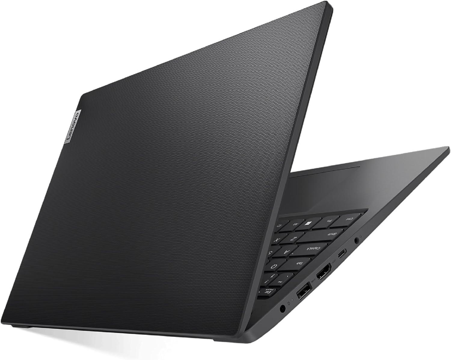 Vista laterale del Lenovo V15 G4 con porte di espansione, parte del bundle con monitor 27 IPS e docking USB-C per smart working.