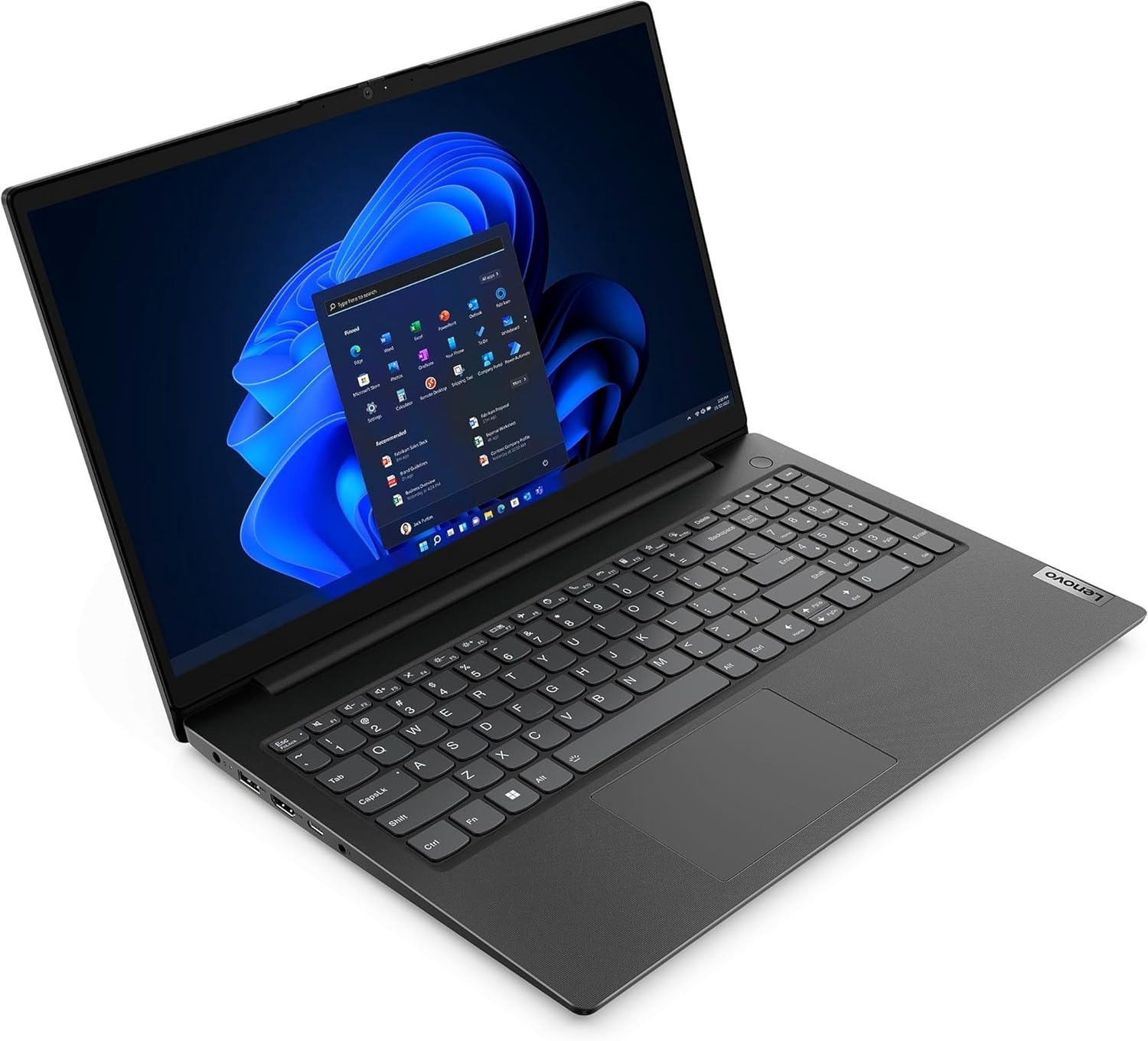 Vista laterale del Lenovo V15 G4 con design sottile e tastiera ergonomica, dotato di processore Intel Core i5 e 16GB di RAM.