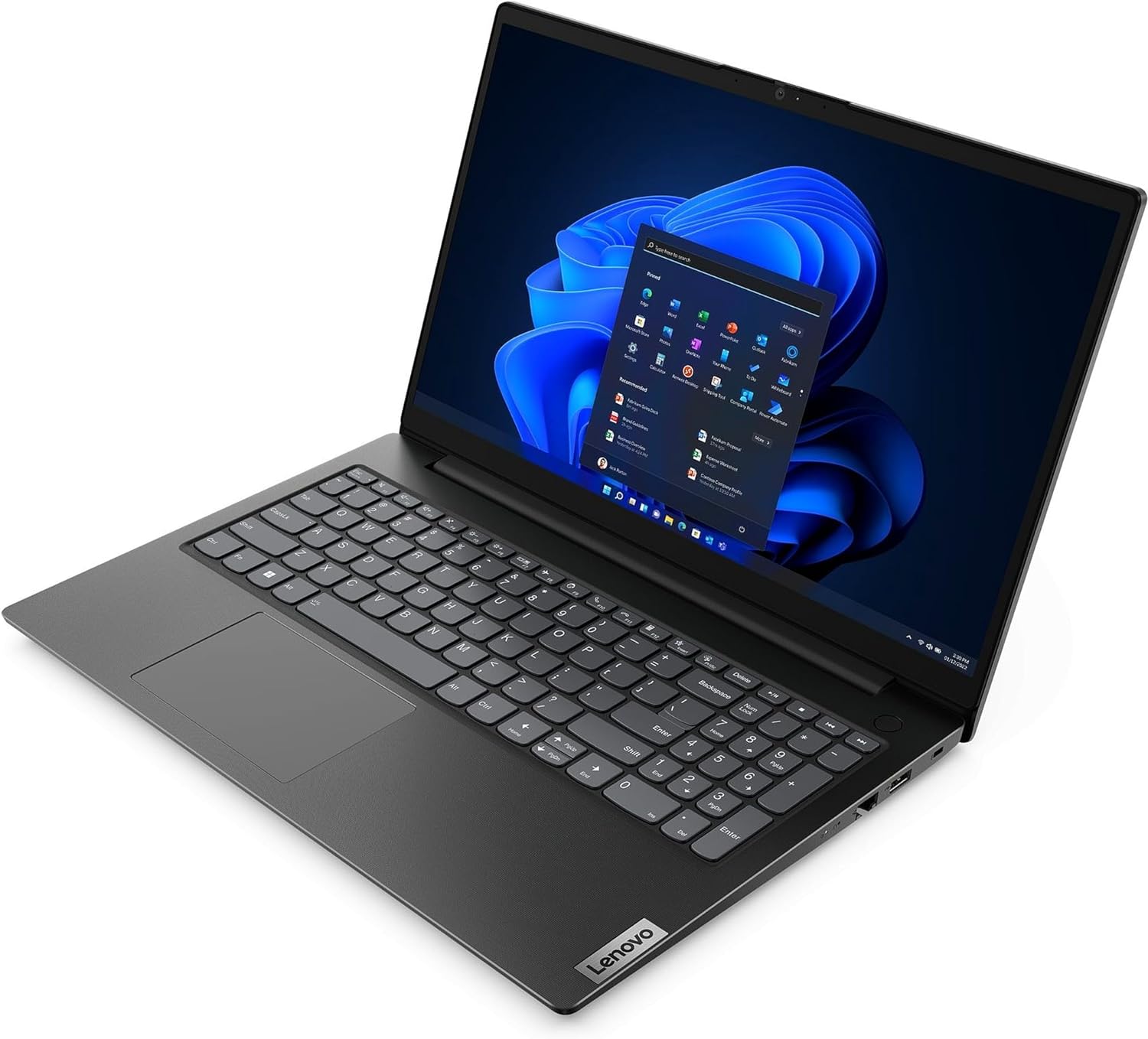 Notebook Lenovo V15 G4 in angolazione destra, con ampio touchpad e display FullHD, ideale per lavoro da casa e ufficio.