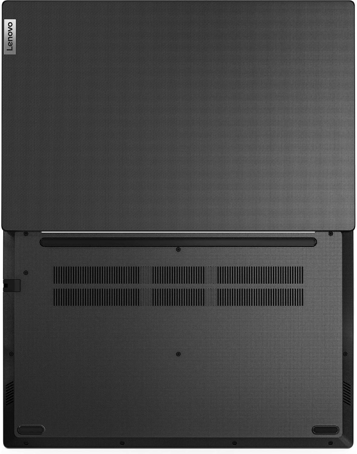 Retro del notebook Lenovo V15 G4 con griglie di ventilazione e finitura nera, incluso nel bundle con monitor IPS e docking USB-C.