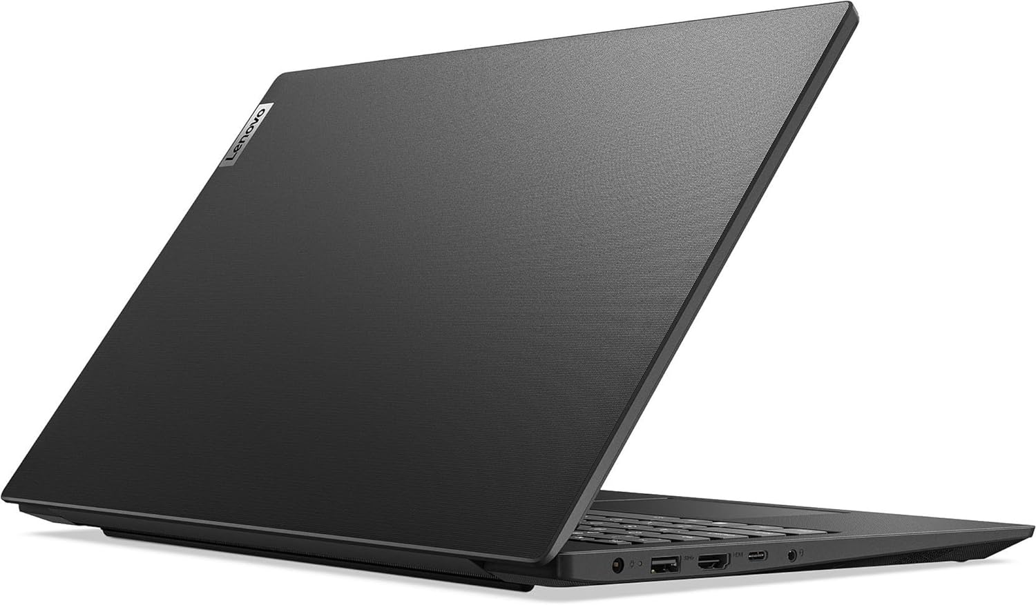 Notebook Lenovo V15 G4 chiuso, vista posteriore con porte laterali visibili, design elegante e compatto per uso professionale.