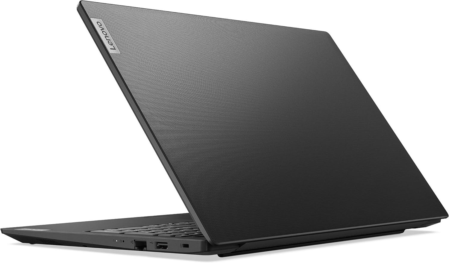 Vista posteriore angolata del Lenovo V15 G4 con finitura nera e porte di connessione, incluso nel bundle Lenovo con monitor e docking.