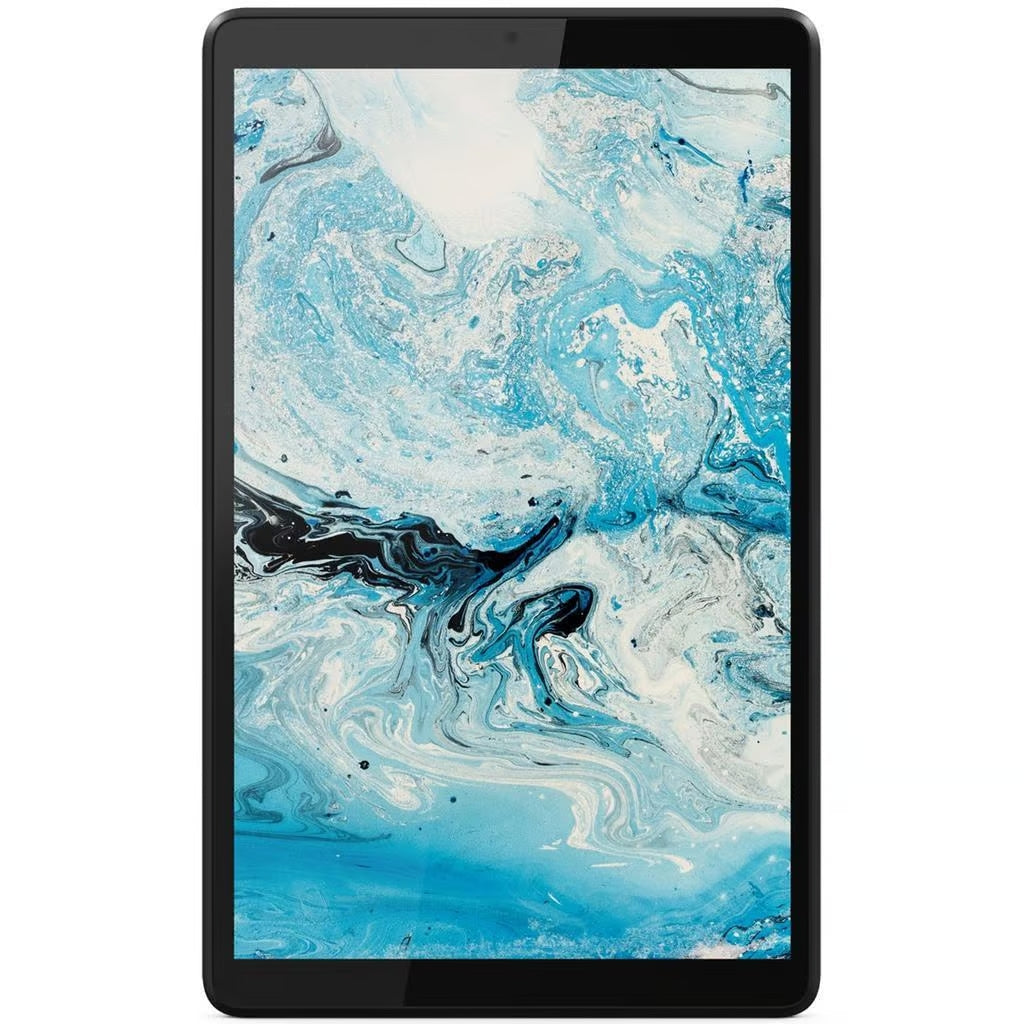 Schermo del Lenovo Tab M8 TB-8505F con display da 8 pollici che mostra un'immagine astratta blu e bianca. Ideale per contenuti visivi.