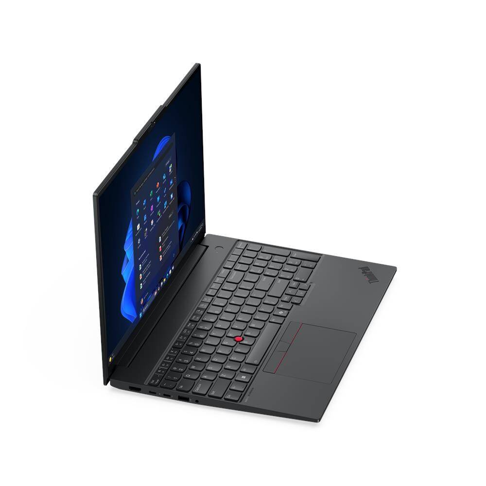 Notebook Lenovo ThinkPad E16 Gen 3 visto lateralmente con schermo aperto, design sottile e porte multiple per connettività avanzata.