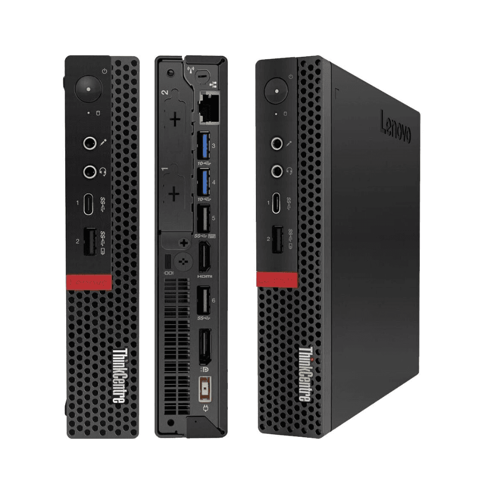 Vista frontale e posteriore del Lenovo ThinkStation P330 Tiny con porte USB, HDMI e LAN, mini PC potente con Intel 8Gen e 32GB RAM.