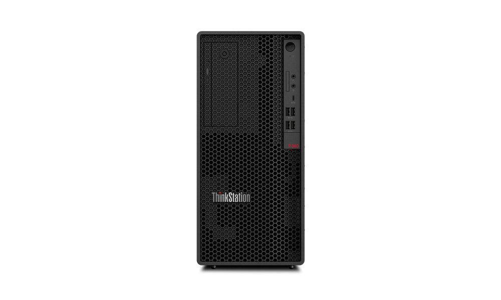 Vista frontale della Lenovo ThinkStation P340 Tower con griglia di ventilazione e porte USB, workstation con NVIDIA Quadro RTX 4000