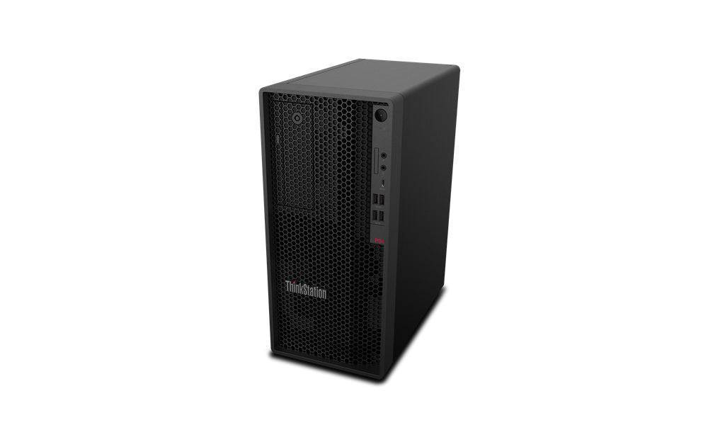 Workstation Lenovo ThinkStation P340 Tower con Intel Core i9, vista angolata per evidenziare il design compatto e professionale