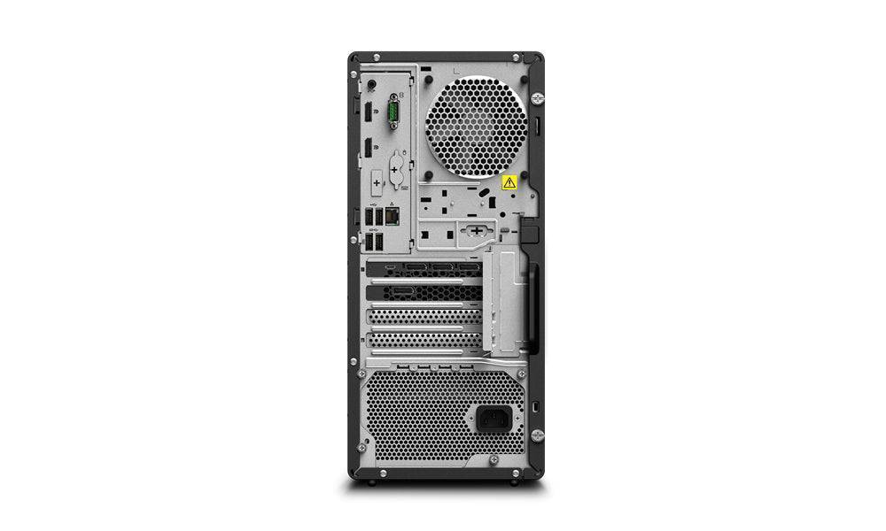 Retro della Lenovo ThinkStation P340 Tower con porte di espansione e ventilazione, ideale per configurazioni professionali avanzate