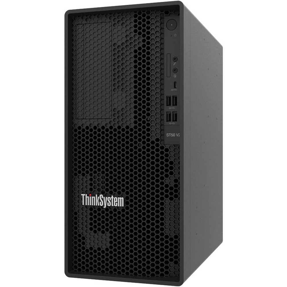Server Lenovo ThinkSystem ST50 V2 con design tower, griglia frontale nera e porte USB, ideale per aziende su Messoanuovo.it.