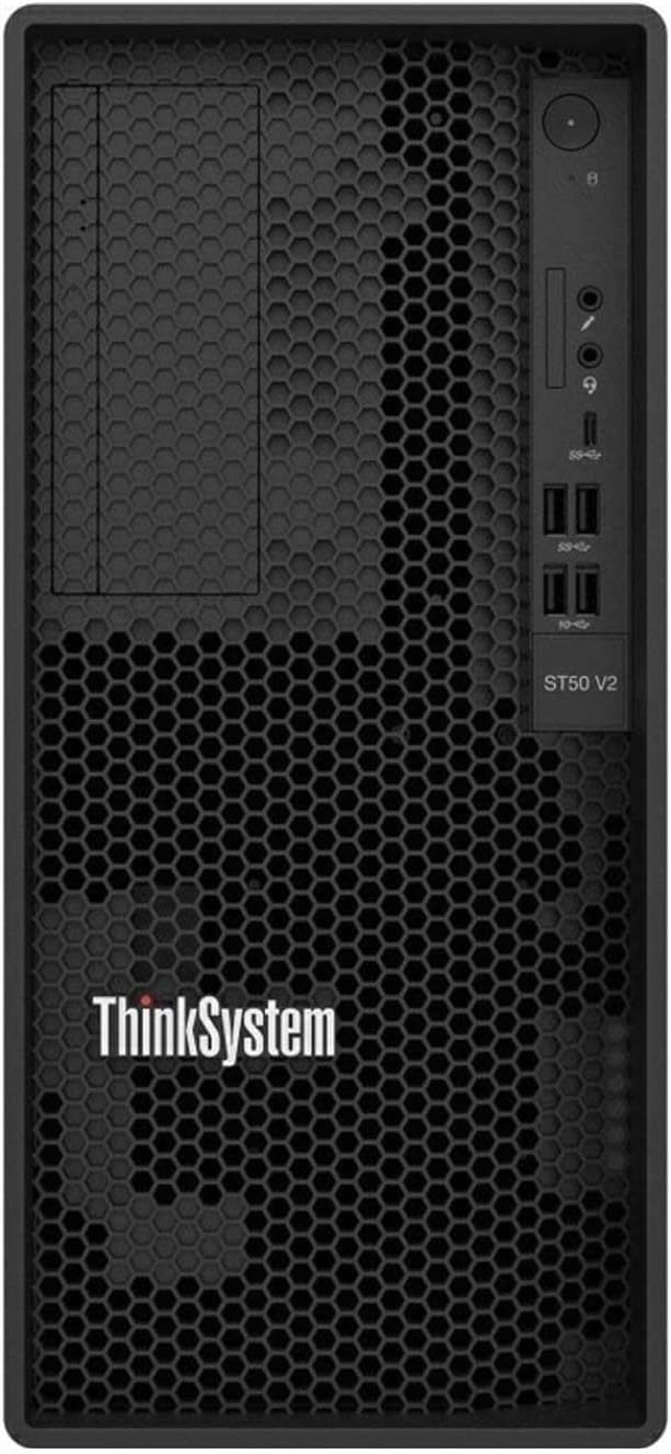 Vista frontale del Lenovo ThinkSystem ST50 V2 con griglia ventilata, porte USB e pulsante di accensione, server potente per uffici.