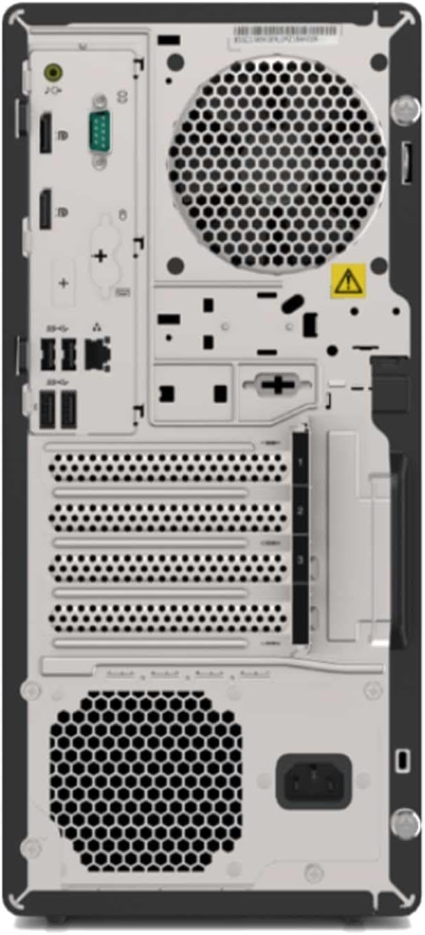 Retro del Lenovo ThinkSystem ST50 V2 con ventole di raffreddamento, porte di connessione e slot di espansione, server affidabile per aziende.