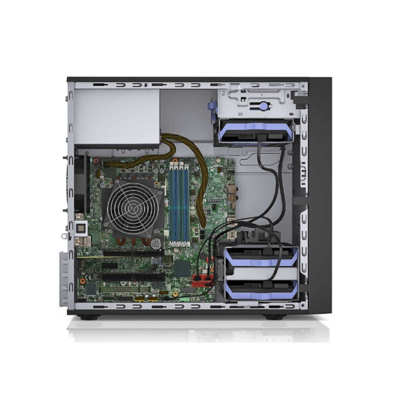 Interno del Lenovo ThinkSystem ST50 con scheda madre, slot RAM, SSD e ventole, ottimizzato per prestazioni elevate e affidabilità.