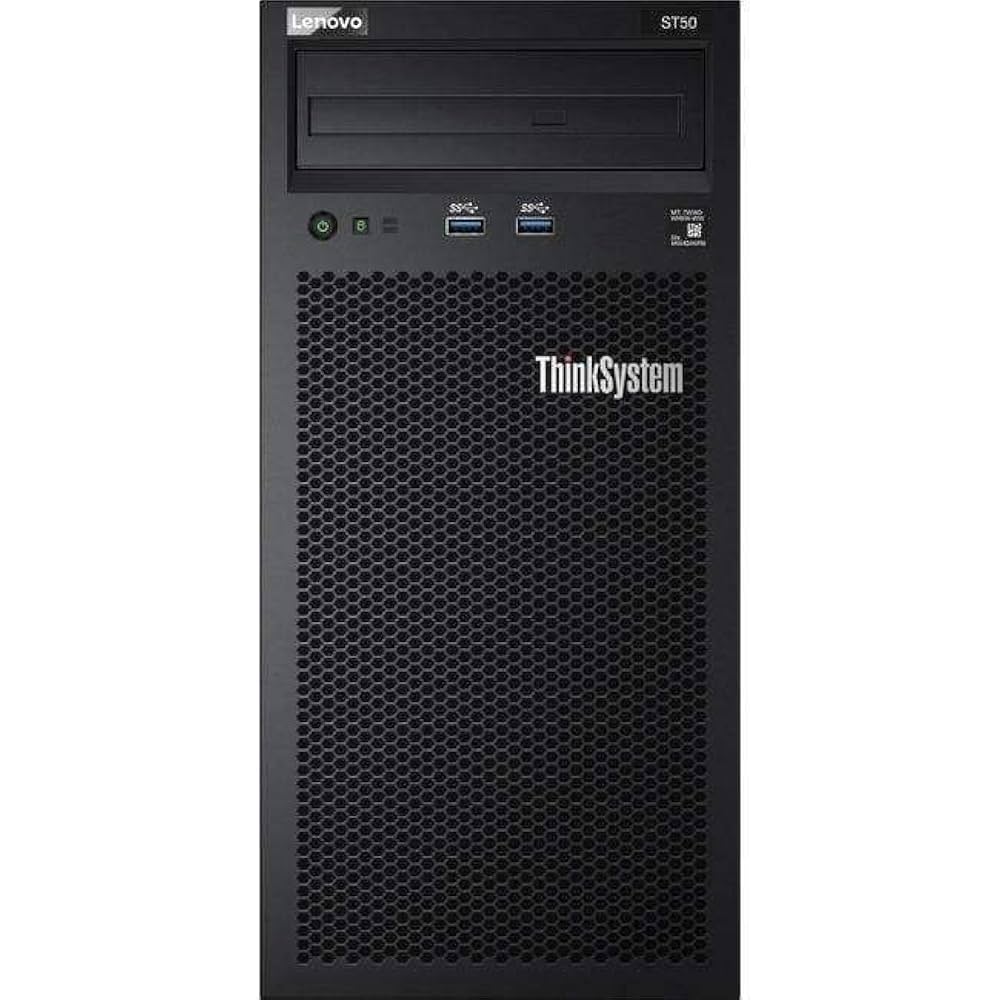 Vista frontale del server Lenovo ThinkSystem ST50 con griglia di ventilazione, 2x1TB SSD e design robusto per uso aziendale.