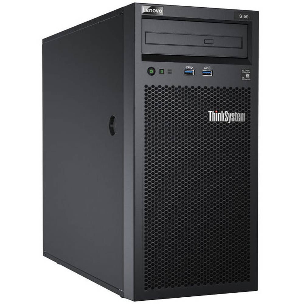 Server Lenovo ThinkSystem ST50 ricondizionato con case tower nero, 2x1TB SSD e porte USB frontali, ideale per piccole imprese.