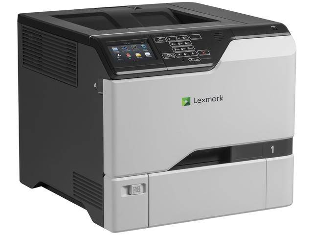 Vista angolare della Lexmark CS725de ricondizionata, stampante laser a colori A4 con rete integrata e pannello comandi intuitivo.