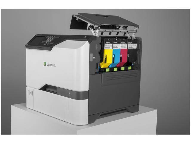Lexmark CS725de ricondizionata con sportello aperto che mostra i toner a colori, ideale per stampa laser A4 ad alta qualità in ufficio.