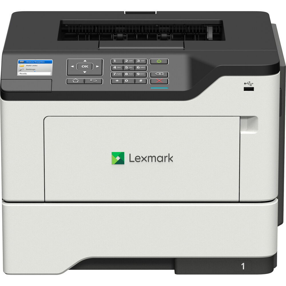 Vista frontale della stampante Lexmark MS621dn laser monocromatica A4 con display LCD, tasti funzione e supporto stampa duplex automatica.