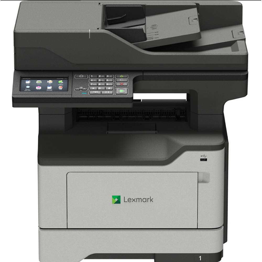 Stampante multifunzione Lexmark MX521de laser A4 monocromatica con pannello touch, stampa duplex e rete integrata, vista frontale.