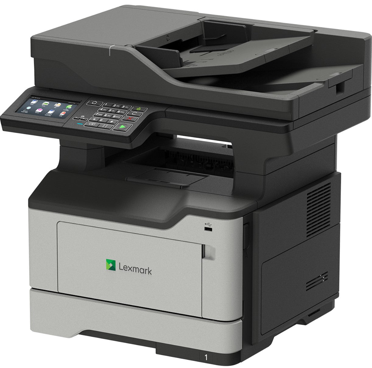 Stampante laser A4 Lexmark MX521de multifunzione, vista angolare destra con scanner automatico e connettività di rete.