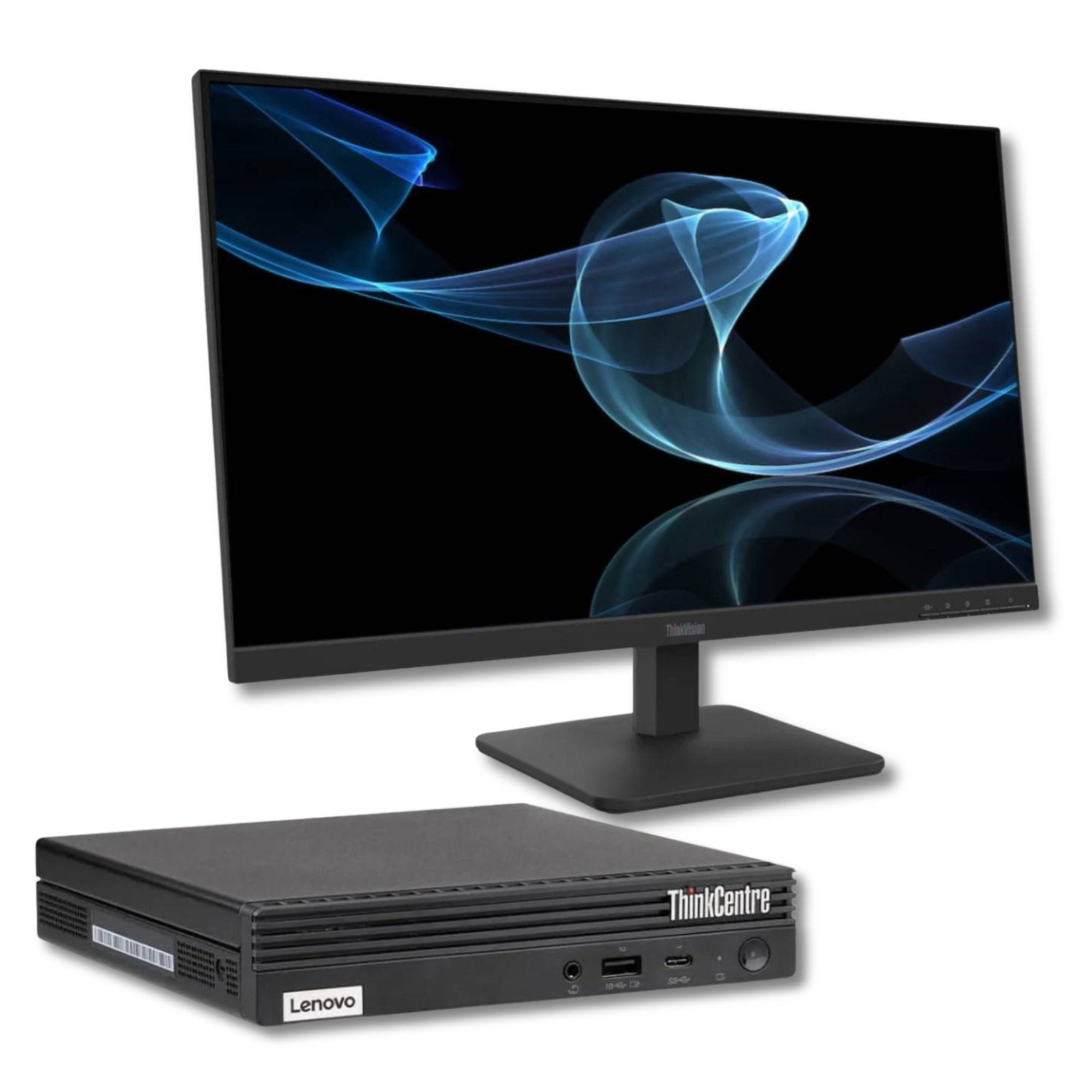 Bundle Lenovo PC Monitor con mini PC ThinkCentre M70q e monitor ThinkVision S27-4e Full HD da 27 pollici, ideale per ufficio e casa.