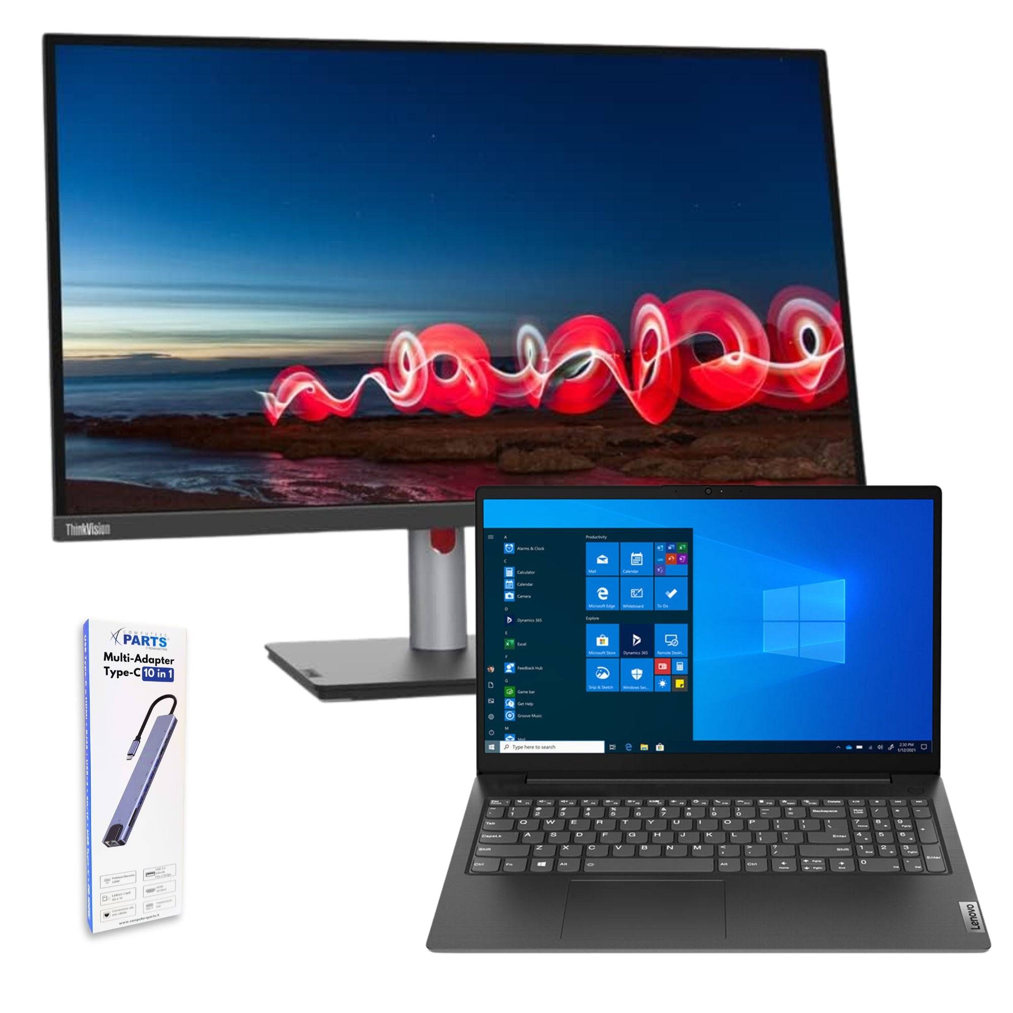 Bundle Lenovo V15 G2 con schermo 15.6'' FullHD, monitor ThinkVision 27'' e docking station 10-in-1 per connettività avanzata e lavoro remoto
