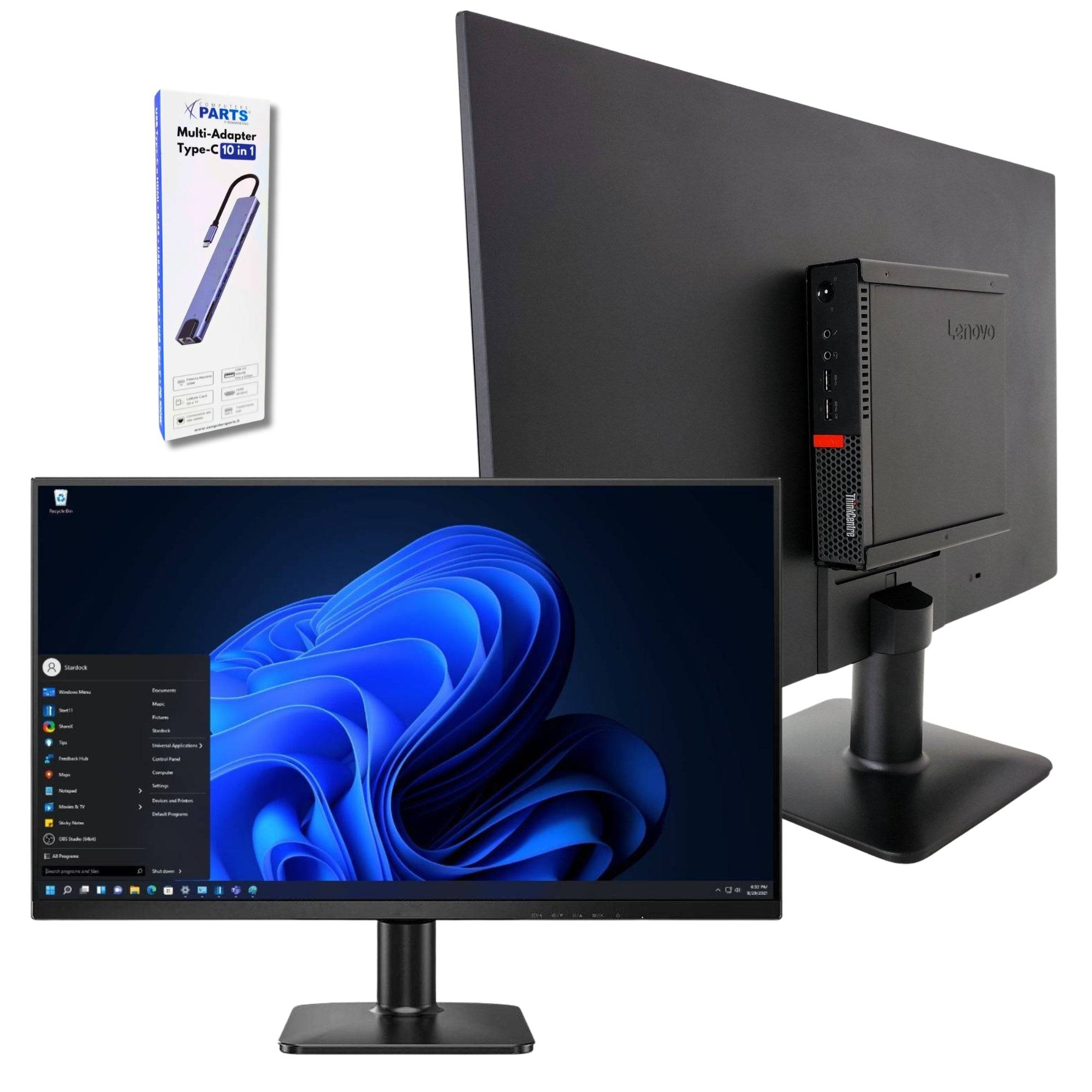 Postazione All In One Lenovo M910q con monitor Philips 27'' FullHD e Mini PC i5-6500, ideale per ufficio e casa, con docking 10 in 1 inclusa.