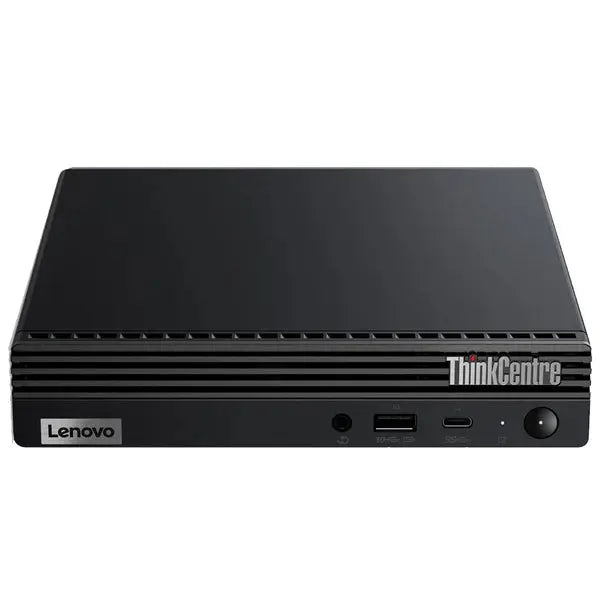 Lenovo ThinkCentre M70q Mini PC con design compatto e griglia di ventilazione frontale, perfetto per prestazioni elevate in poco spazio.