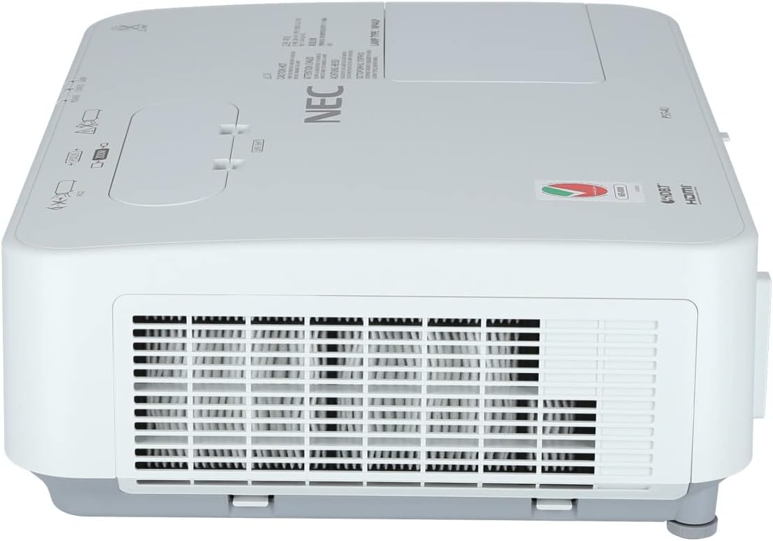 Vista laterale del NEC P554U con sistema di raffreddamento e design robusto, adatto a installazioni fisse in ambienti professionali.