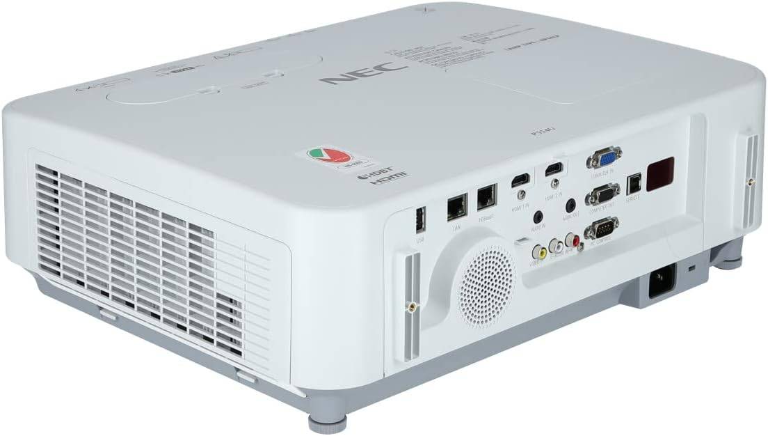 Retro del proiettore NEC P554U con ampia connettività: HDMI, LAN, VGA, USB e audio, per massima versatilità d’uso multimediale.