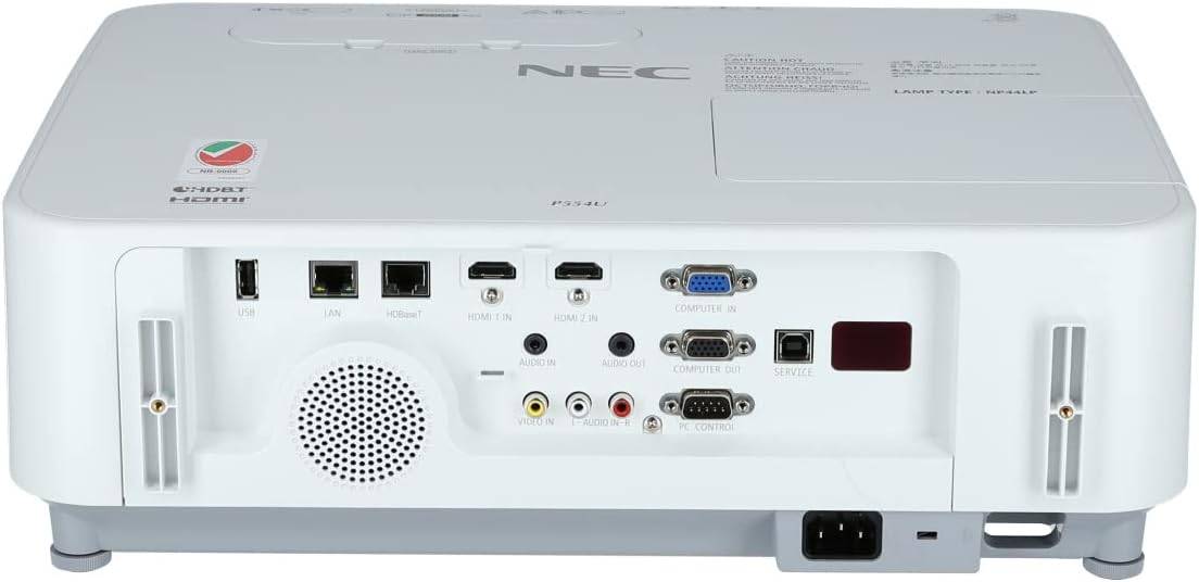 Pannello posteriore del NEC P554U con porte di ingresso multiple, incluso HDMI e LAN, per una connettività completa in ambito business.