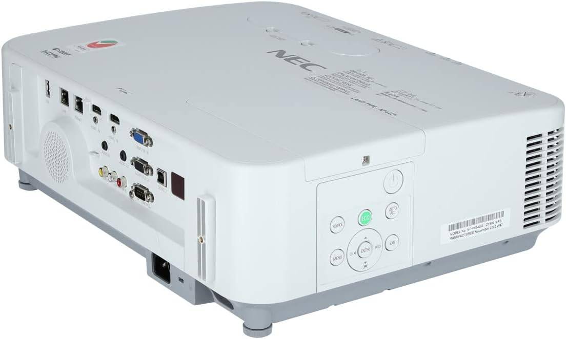 Proiettore NEC P554U con pulsanti di controllo laterali e numerose opzioni di connessione, ideale per presentazioni professionali.