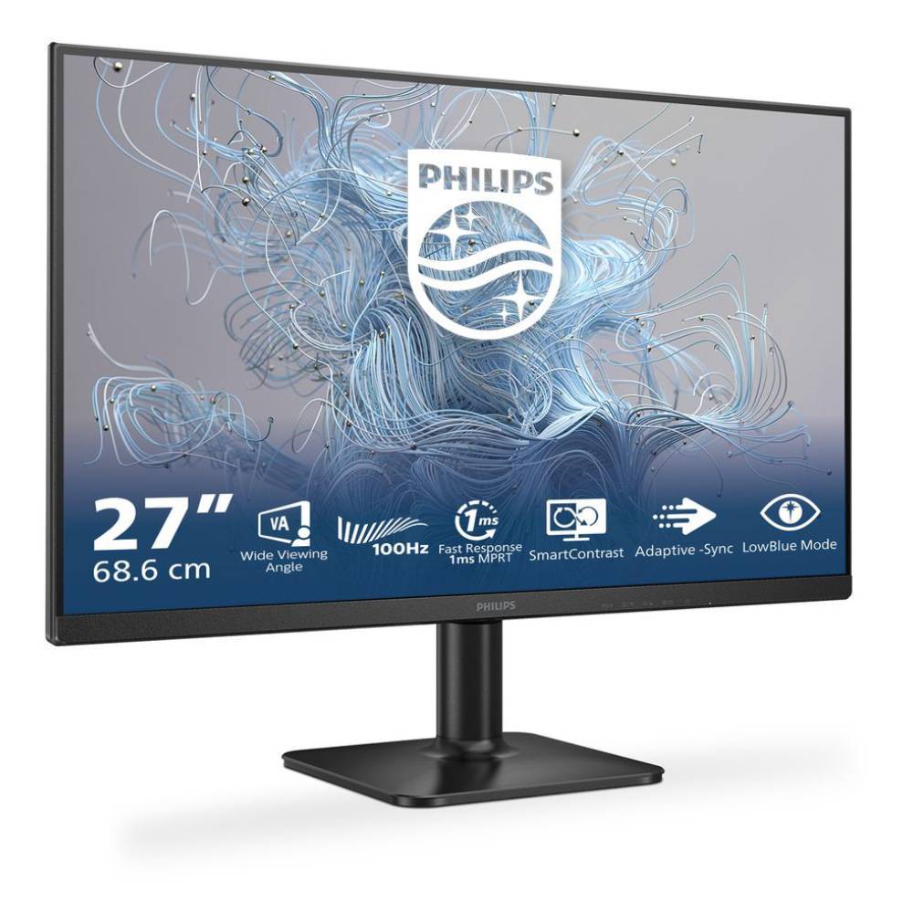 Monitor Philips 27″ Full HD con frequenza 100 Hz, pannello VA e modalità LowBlue, ideale per lavoro e gaming. Connessioni HDMI e VGA.