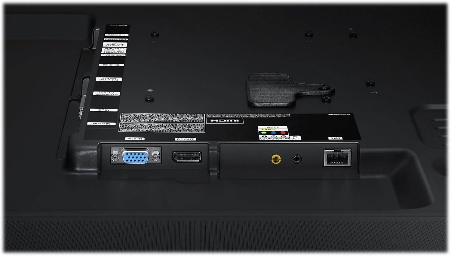 Dettaglio delle porte di connessione del Samsung DM65E 65 pollici, con ingressi HDMI, VGA, LAN e audio per una connettività completa e versatile.