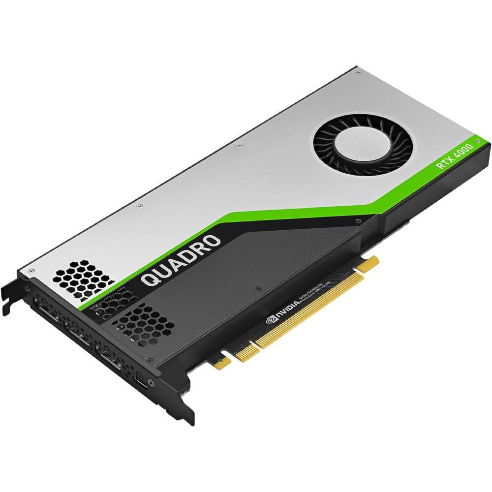 Scheda grafica Nvidia Quadro RTX 4000 per workstation, con raffreddamento attivo e interfaccia PCIe, ottimizzata per software CAD e 3D.