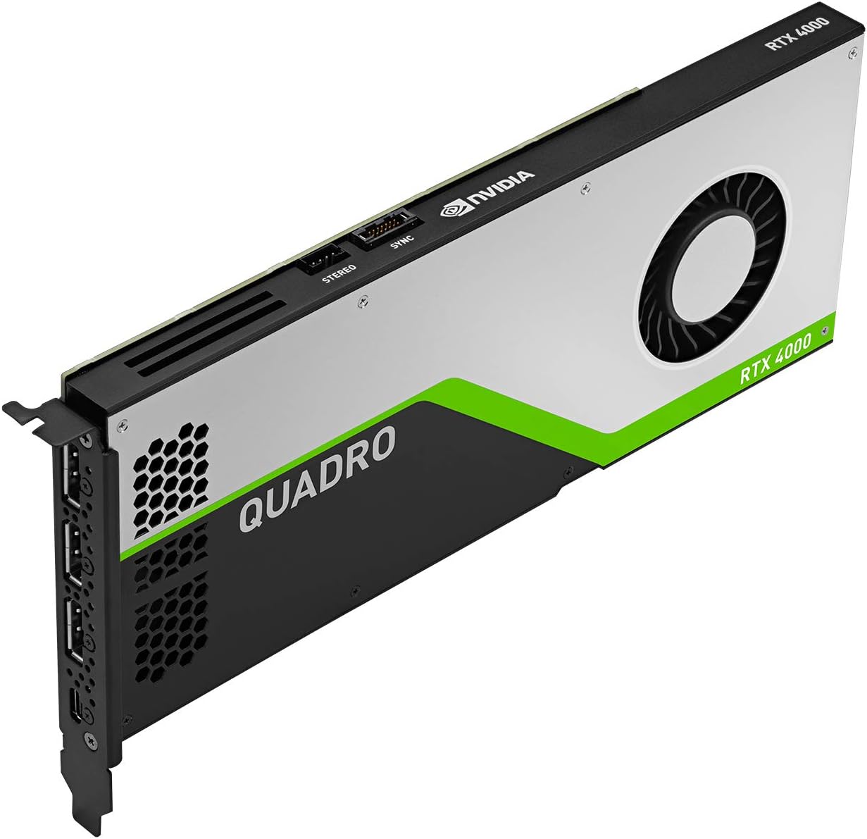Vista angolata della Nvidia Quadro RTX 4000, GPU professionale per workstation come la Dell Precision 7920, con design compatto e potente.