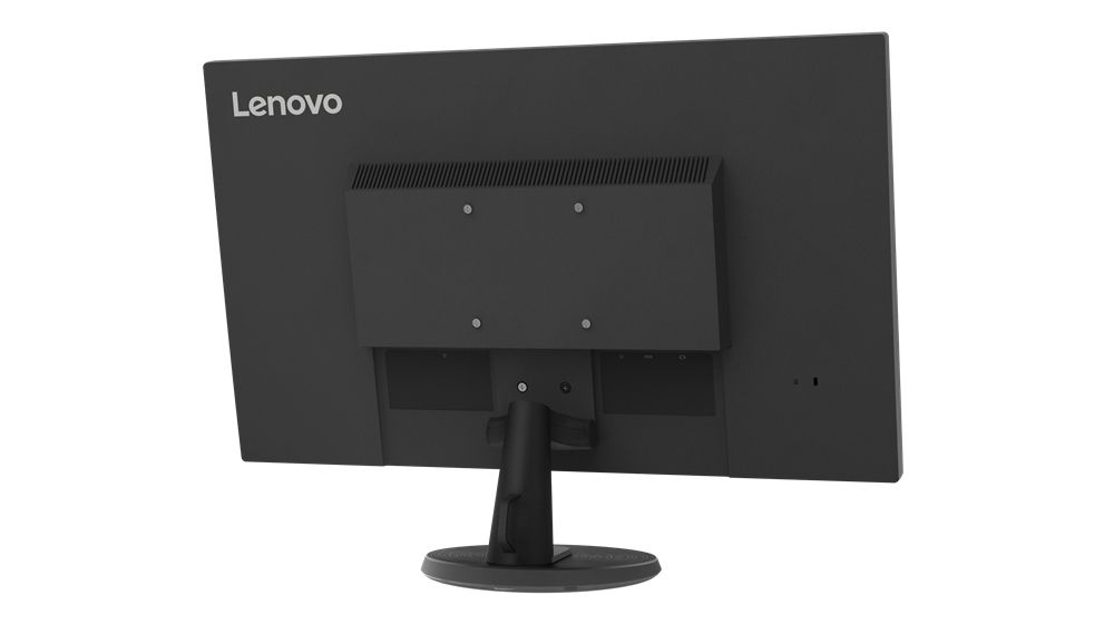 Vista posteriore angolata del monitor Lenovo 27 IPS FullHD con supporto stabile, incluso nel bundle con notebook Lenovo V15 G4.