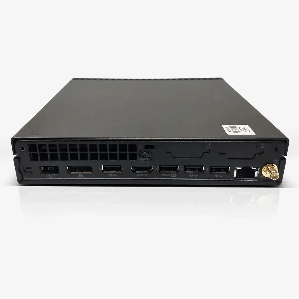 Pannello posteriore del Mini PC Lenovo ThinkCentre M70q con antenna WiFi, porte USB, HDMI e LAN. Prestazioni elevate in formato compatto.