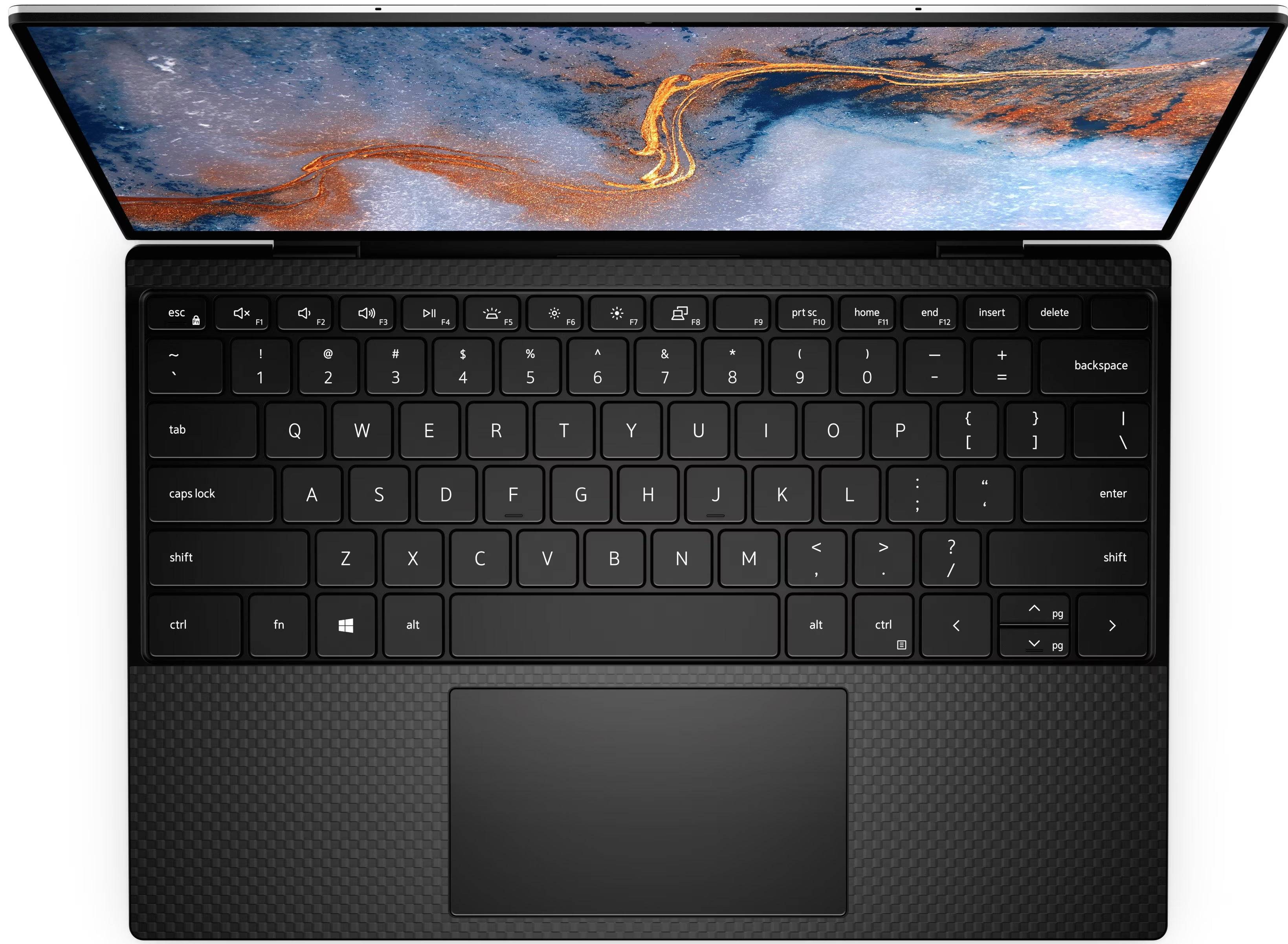 Tastiera retroilluminata del Dell XPS 13 9310 con ampio touchpad e finitura in fibra di carbonio, notebook compatto e performante.