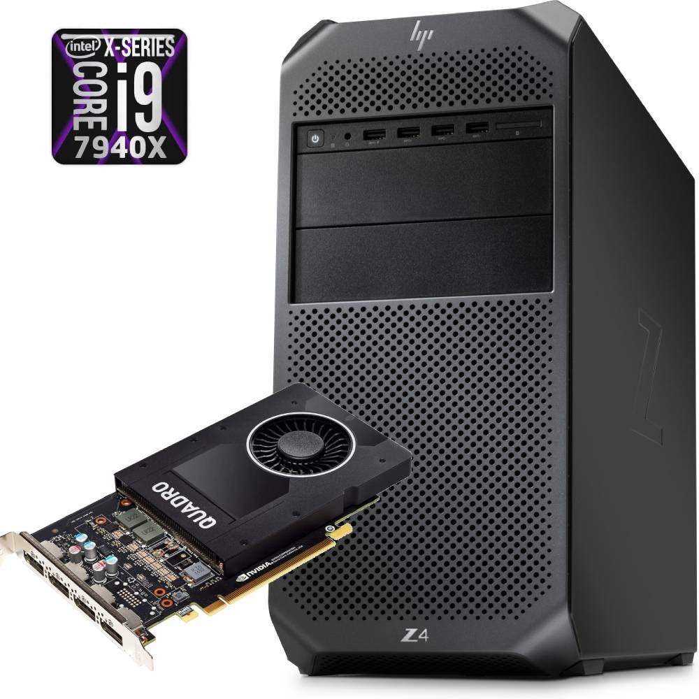 Workstation HP Z4 G4 ricondizionata con case tower nero, CPU Intel Core i9-7940X e scheda grafica Nvidia Quadro P2000 inclusa.