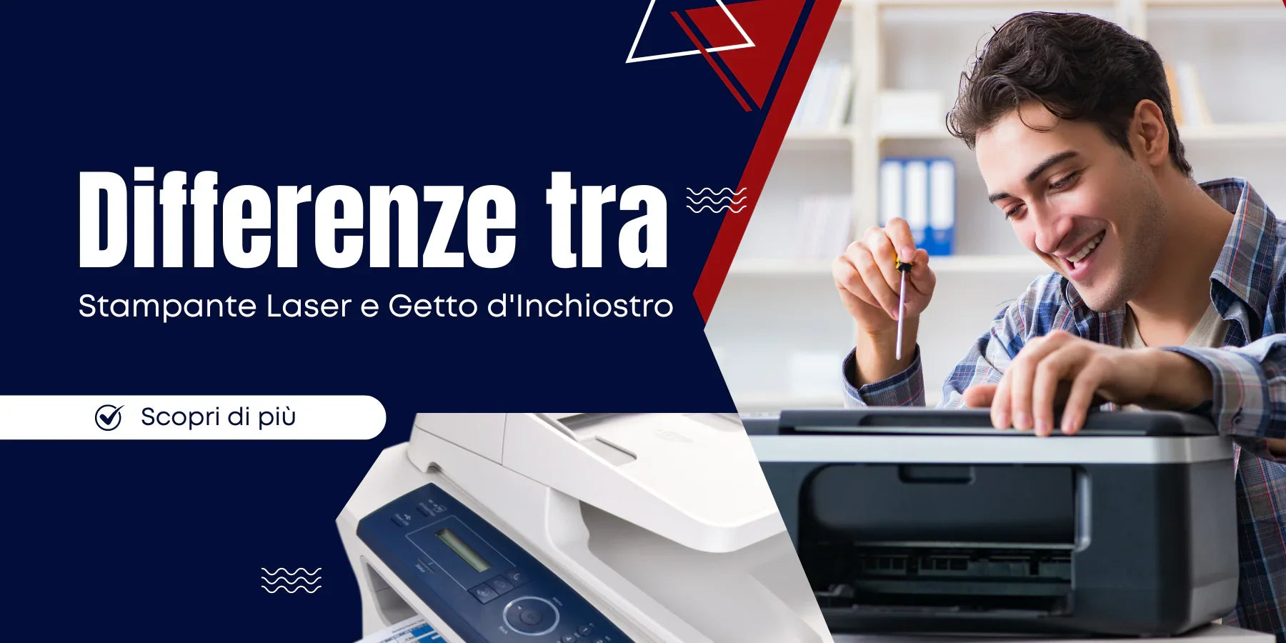 **Alt text (in Italian):**  
Uomo confronta stampante laser e getto d'inchiostro in ufficio moderno.