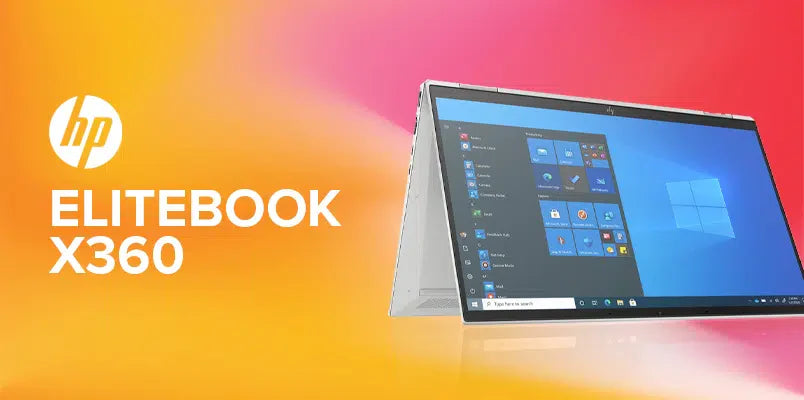 **Alt text (Italiano):**  
HP EliteBook x360 1040 G6 in modalità tablet con Windows 10 su sfondo colorato.