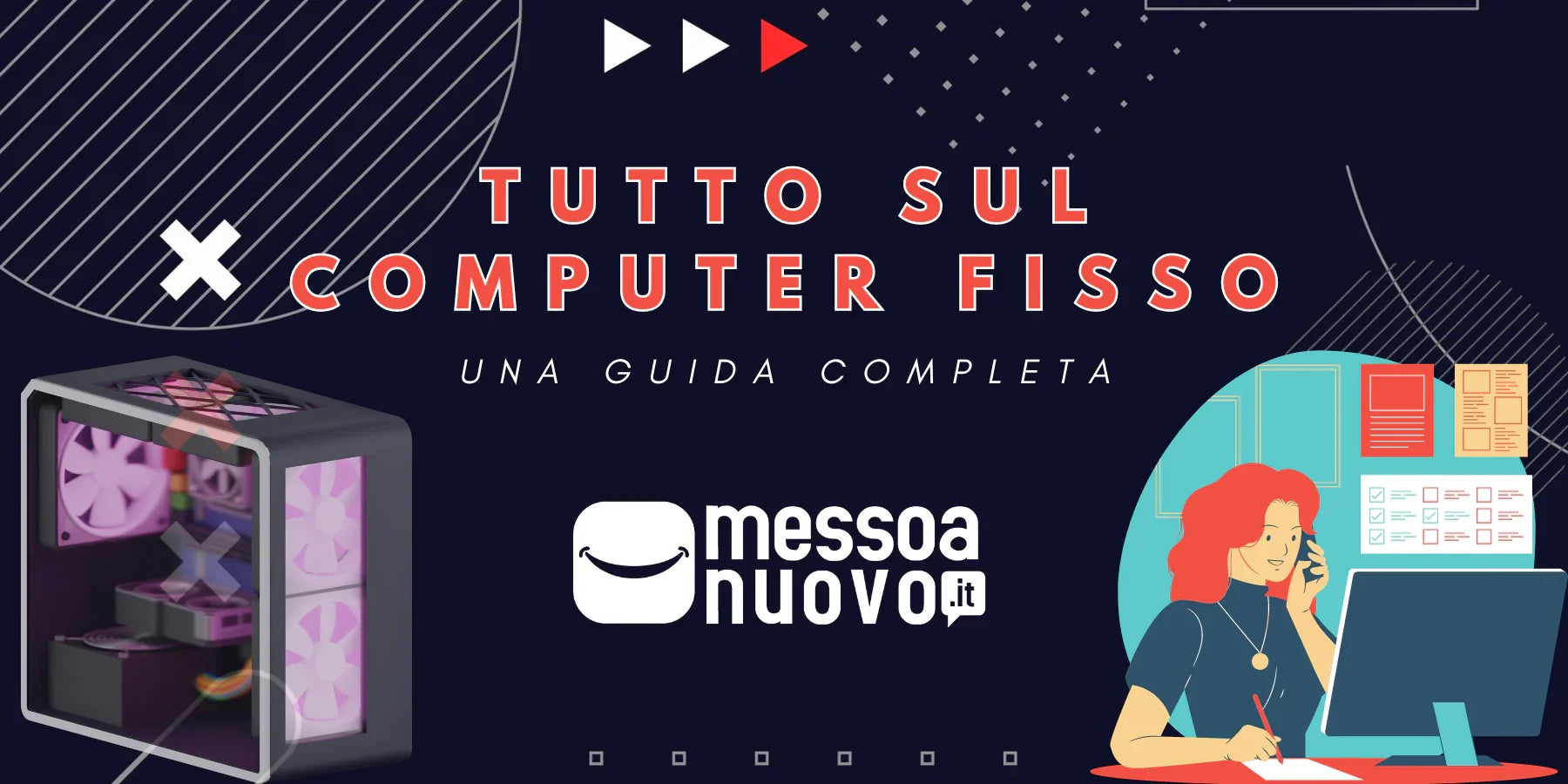 **Alt text (in Italian):**  
Guida completa al computer fisso con grafica moderna e PC assemblato.