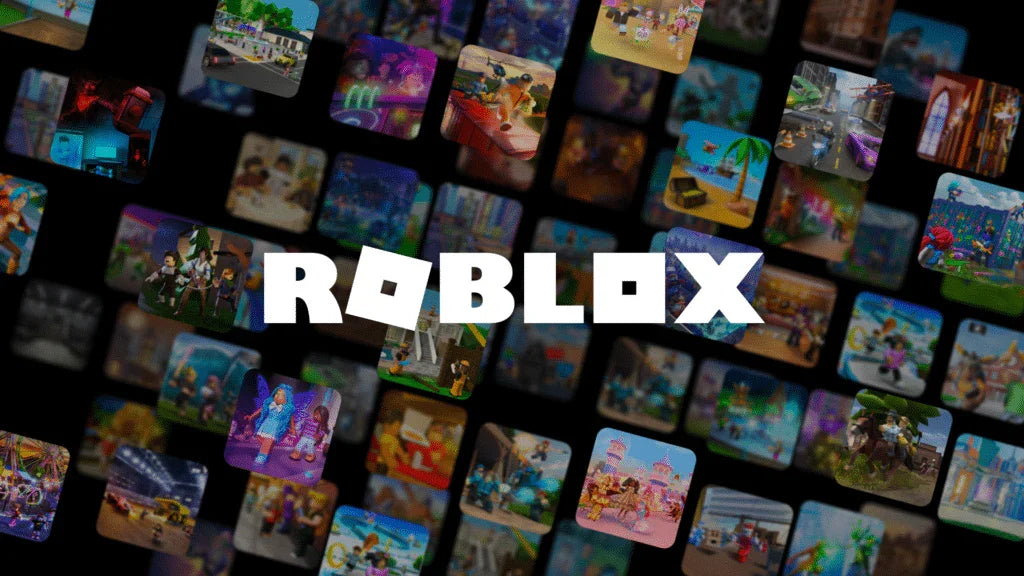 **Alt text (in Italian):**  
Logo di Roblox su sfondo con giochi colorati della piattaforma gaming.