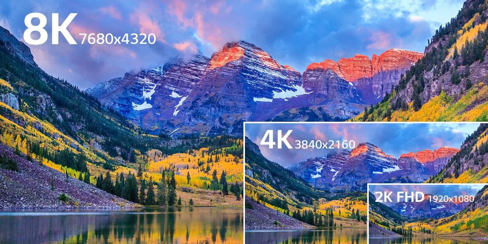 Confronto risoluzioni video: 8K, 4K e 2K FHD su paesaggio montano.