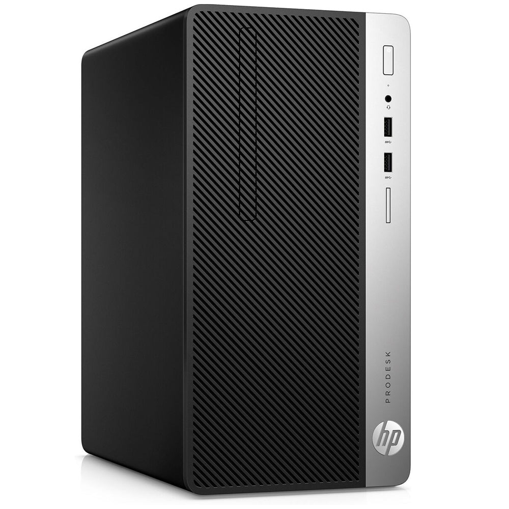 Testo alternativo:PC fisso HP ProDesk, design moderno nero e argento, ideale per ufficio.