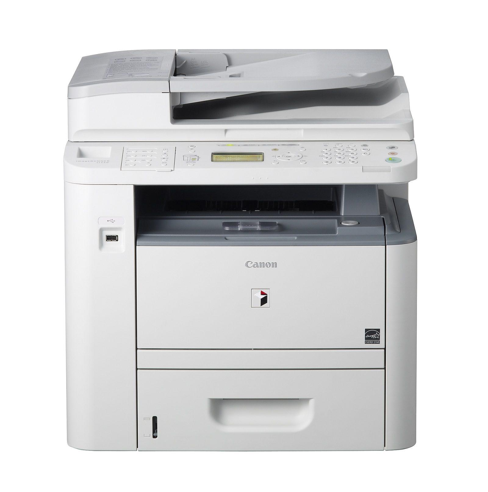 Testo alternativo:Stampante multifunzione laser bianco e nero Canon, compatta e professionale.